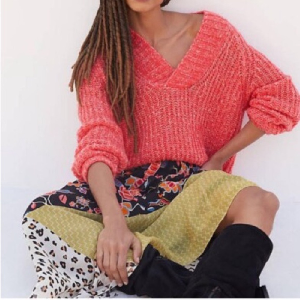 Anthropologie Honore Ribbed Sweater Raspberry Red Wool Blend Size Medium